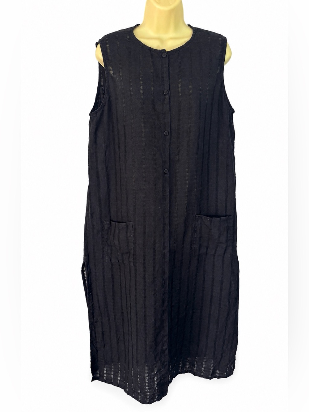 Eileen Fisher 100% Irish Linen Sleeveless Duster Dress XL Black Sheer Stripe